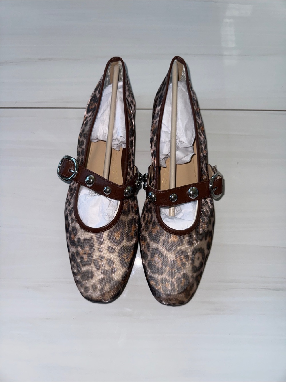 Leopard Print Mary Jane Flats with Brown Trim